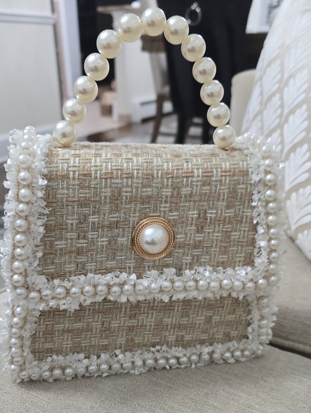 Fashion Nova Beige Tweed Mini Top-Handle Bag with Pearl Trim